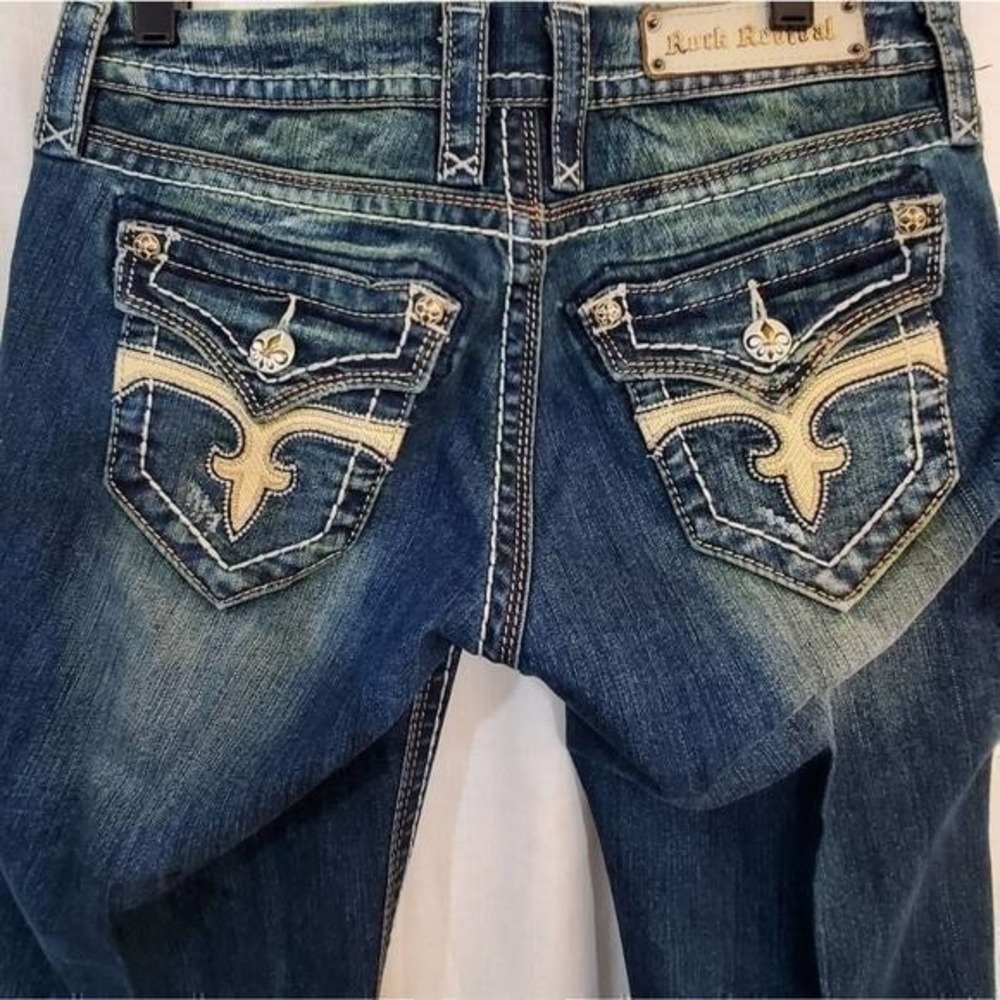 Rock Revival‎ Leah Easy Boot Jeans Size 28 Medium Wash Fleur De Lis Flap Pocket